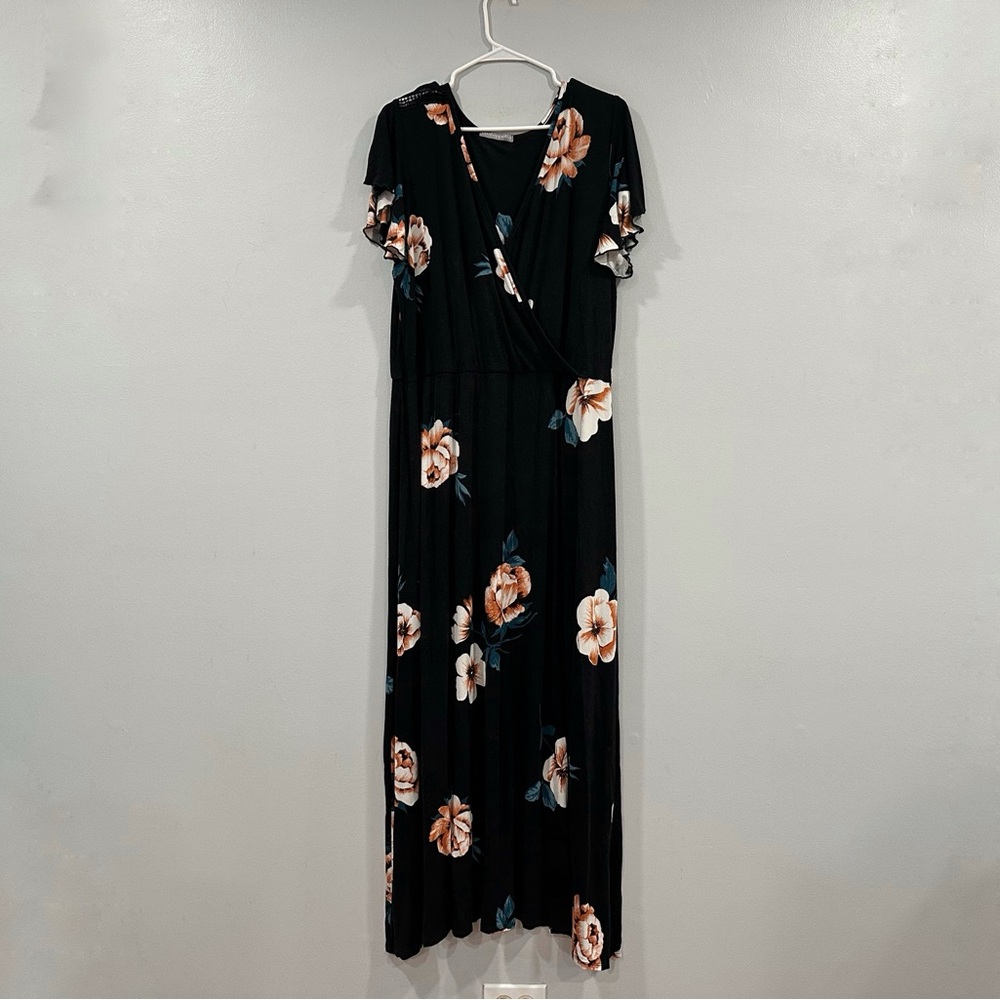 Loveappella Black Flutter Faux Wrap Floral Maxi Dress 3X